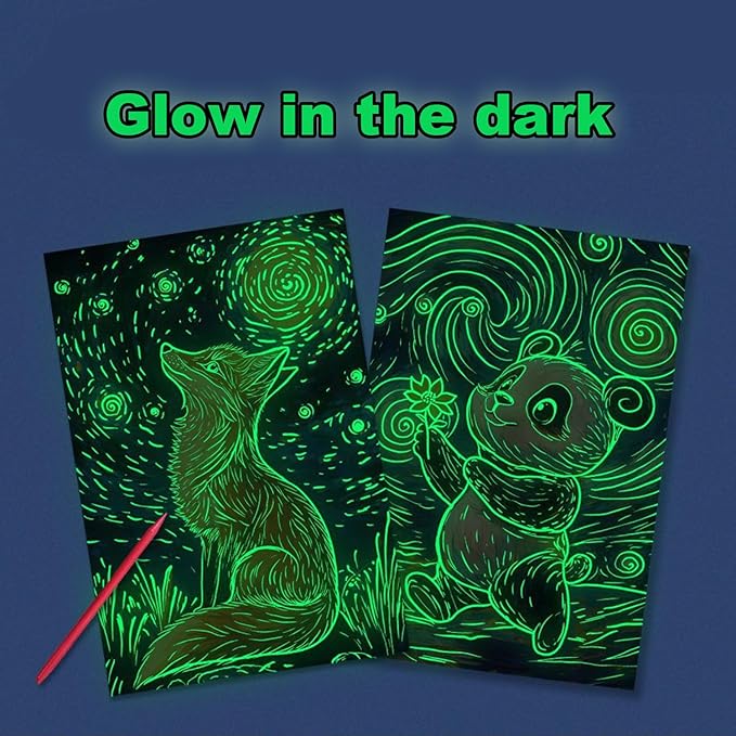 Georgie Porgy Scratch Paper Art Set for Kids Adults Magic Rainbow Scratchboards for DIY Arts and Crafts Kits Christmas Birthday Gift with Scratching Tools Kit (A5-Noctilucent Animals + Racing Cars)