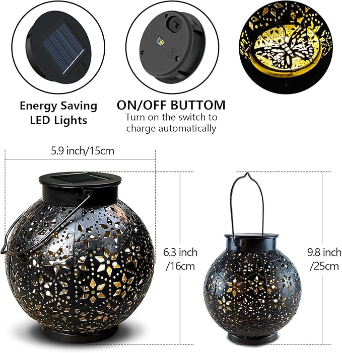 2 Pack Outdoor Solar Lantern Lights, Waterproof Tabletop LED Moroccan Lanterns, Hanging Metal Decorative Garden Lights for Patio, Lawn, Porch, Backyard