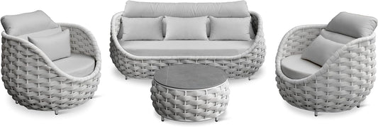 Woven Rope Patio Furniture Set: 4 Pieces Aluminum Outdoor Conversation Sofa Set Assembled - Modern Couch Set Cushioned - All Weather Metal Porch Seating for 5 Person Deck Garden Pool Hotel, Gray