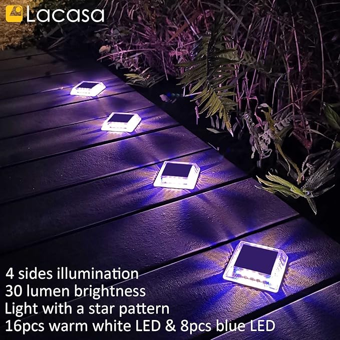 Lacasa Outdoor Solar Light, 4 Pack 30LM IP68 Waterproof Solar Garden Light Auto On/Off Solar Lighting for Pathways Paths, Mixed Colours (Warm White + Blue Light)