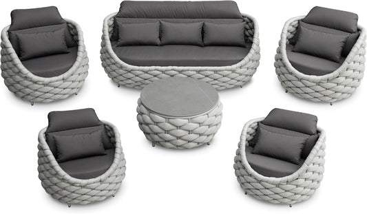 6 Pieces Rope Patio Furniture Set: Aluminum Outdoor Couch Set Cushioned - Assembled Conversation Sofa Set Modern - Metal Porch Seating for 7 Person - All Weather for Deck Garden Poolside Hotel