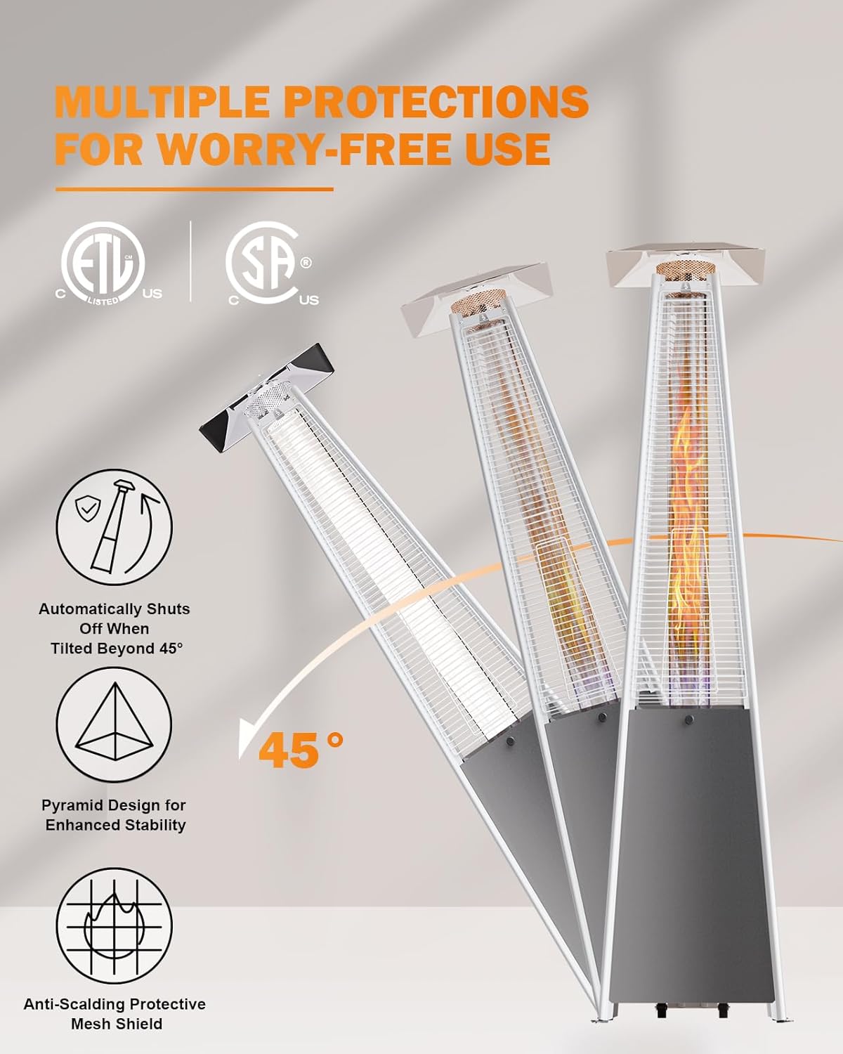 Patio Heater With Glass Tube, 48000 BTU Propane Patio Heaters For Outdoor Use With Cover & Wheels, Commercial Outdoor Heater For Patio Backyard, Multiple Protection System (Gray) (1 heater)