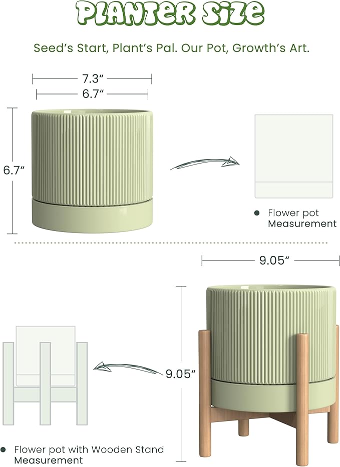 Ceramic Planter Pots Indoor with Drainage Hole & Saucer,Including Stand,7.3 Inch Mid-Century Modern Cylinder Plant Pot for Snake Flower Leaf Green