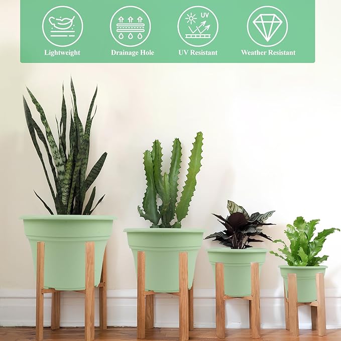 9 Inch Plastic-Flower Pot-for-Indoor Plants, 4 Pack Large Outdoor Planter Pot with Drainage Holes & Saucers, Resin Decorative Garden Pots Planters