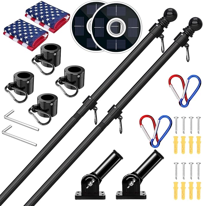 ZMTECH 2 Pack 6FT Black Flag Pole Kit for Outside House with Solar Light & Proud American Flag, 180° Adjustable Bracket and Upgraded Tangle-Free Ring 1" Stainless Steel Flagpole, Residential, Commercial