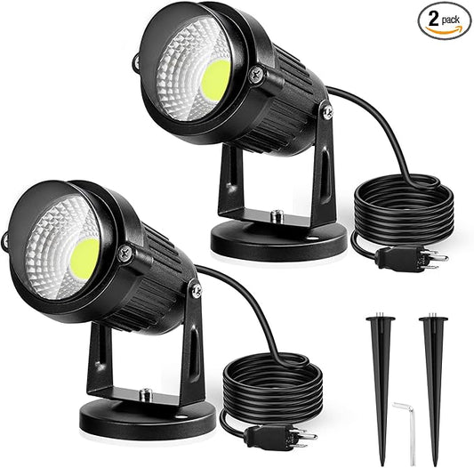 LemonBest Landscape Lights - 5W 110V Outdoor Spotlight - Waterproof IP65-3000K Cool White LED Landscape Lights - 5ft Cable for Yard Garden Patio Driveway House (Include Spike) (2 Pack)