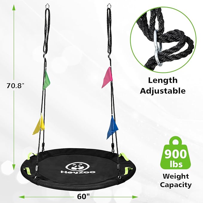 Tree Swing, 60 inch Larger Saucer Swing for Whole Family, 900lbs Weight Capacity, with Adjustable Hanging Straps, for Outdoor Backyard, Gifts for Kids, Black