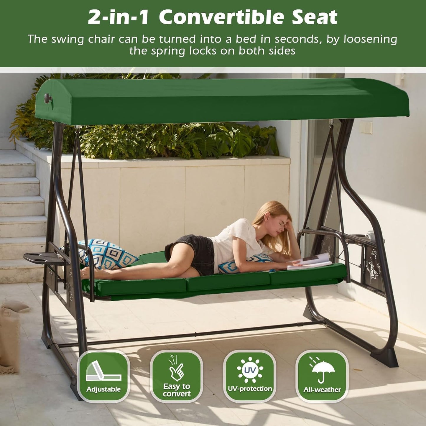 3-Seat Patio Porch Swing 800LBS Outdoor Swing with Stand w/Canopy & Adjustable Backrest Patio Glider Chair w/Removable Pillows & Foldable Side Tray for Balcony Garden Deck (Green)