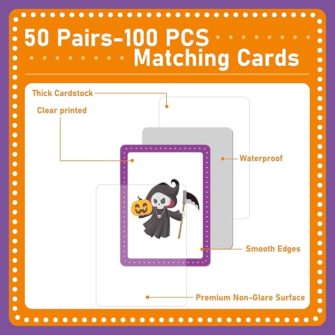 gisgfim 50 Pairs Memory Matching Game Happy Halloween Concentration Memory Games Card for Kids Educational Ages 3-8 A Fun & Fast Halloween Theme Matching Games