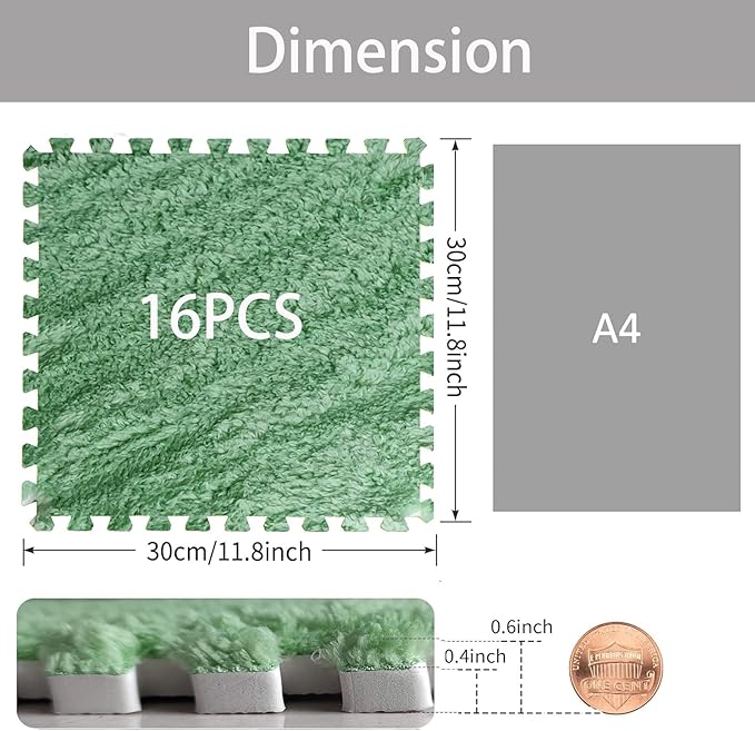 16pcs 0.6" Thickened Interlocking Tile Mats,Fluffy Shaggy Soft EVA Foam Area Rug for Living Room & Bedroom,Non-Slip Protective Floor Carpet Play Mat Kids Dorm Home Decor (11.8ft, Mint Green)