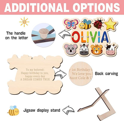 Personalized Name Puzzle for Kids, Customized Wooden Name Animal Puzzle, Baby Gifts, Baby Shower, Montessori Learning Toddler Toys