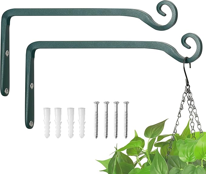 Kingsyard 2-Pack Wall Plant Hanger Outdoor - Heavy Duty Metal Hanging Bracket Hooks for Hanging Plant Bird Feeders Lanterns Wind Chimes Outdoor & Indoor, 10-Inch/Green