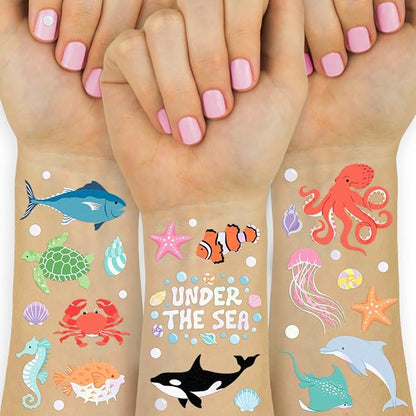 xo, Fetti Underwater Sea Creature Temporary Tattoos - 64 Styles | Ocean Animal Birthday Party Supplies, Aquarium Activity, Fish Tats, Kids Bday Decor