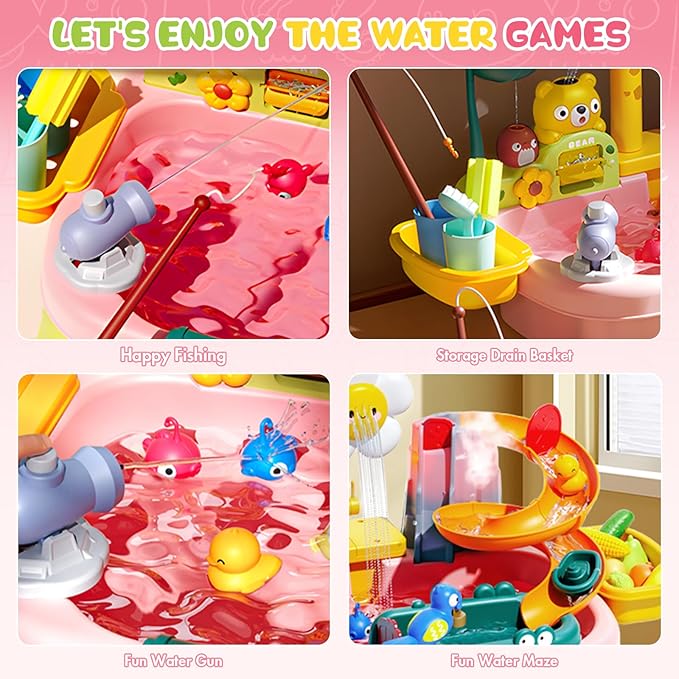 2026 Upgraded Toddler Sand Water Table Toy with Electric Water Pump, Kids Sand Water with Faucet/Play Food Accessories/Fishing Toy, Kitchen Play Sink Toys for Girl Boy Age 3+ (Pink)