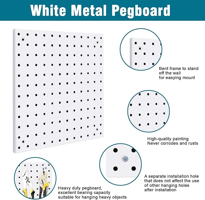 6 Pack Steel Peg Board,Universal 1/8 and 1/4 Pegboard Accessories,Ideal for Garage Tool Storage, Office Organization, Craft Room, Kitchen etc. (White, 6-12X12)