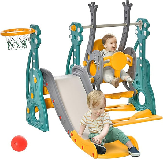 Qaba 4 in 1 Toddler Swing and Slide Set, Kids Slide for Aged 1.5-3 with Climber, Ultra-Safety, Basketball Hoop, Baby Playground Set, Fun Indoor/Outdoor Playset Exercise Toy