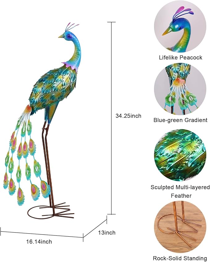 YEAHOME Garden Decor Outdoor Statues, 34" Large Metal Peacock Standing Yard Art, Blue Green Bird Lawn Sculptures Garden Decor for Outside Patio Porch Backyard