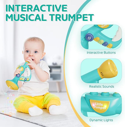 Contixo KT2 Musical Trumpet Toy for Kids, Blue Baby Educational Music Toys with Light Effects, Adjustable Volume, Multiple Rhythms, Easy Play Modes, Realistic Whistle Sounds for Toddler Boys Girls