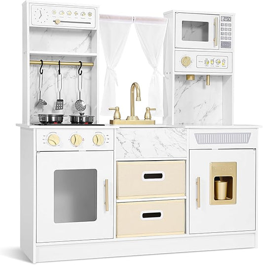 JOYLDIAS Play Kitchen, Wooden Kids Play Kitchen Playset Chef Pretend Play Set for Toddlers w/Ice Cube Dispenser, Oven, Cooking Accessories,Trendy Home Style w/Curtains, Storange Box, Gift for Ages 3+