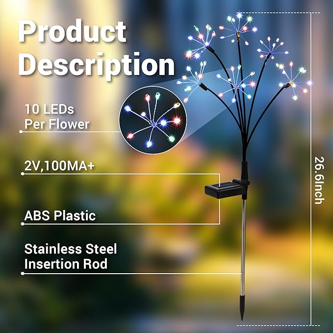 Solar Garden Decor Lights Outdoor, Solar Powered Lights Waterproof for Yard Patio Porch Flowerbed, Fairy Gardening Supplies Gifts Firwork(8 Pack Multi-Colored)