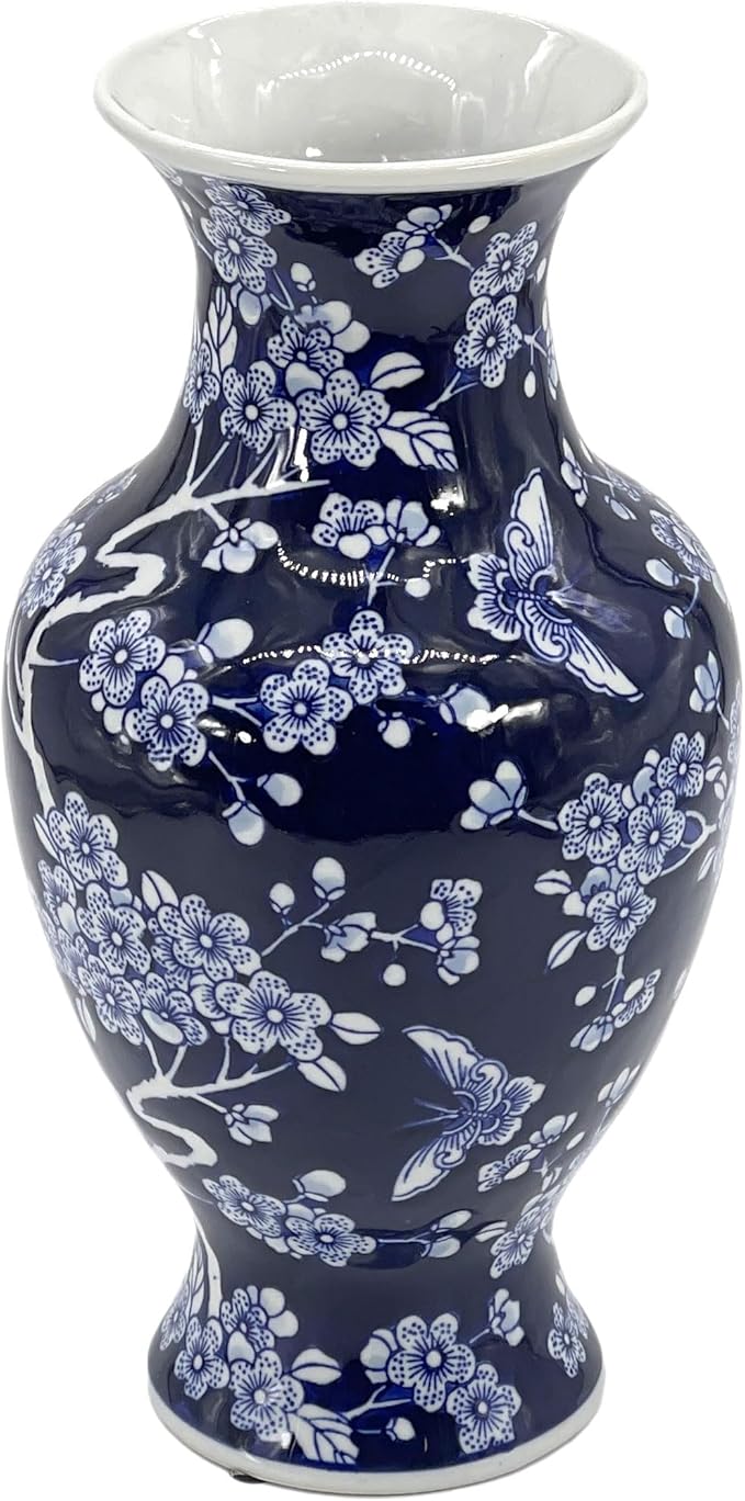Galt International Dark Blue Floral Chinoiserie Ceramic Vase 14"- Hand Painted Antique Style Porcelain Butterfly & Flower Bottle Fishtail Porcelain Chinese Vase for Home Decor Centerpiece