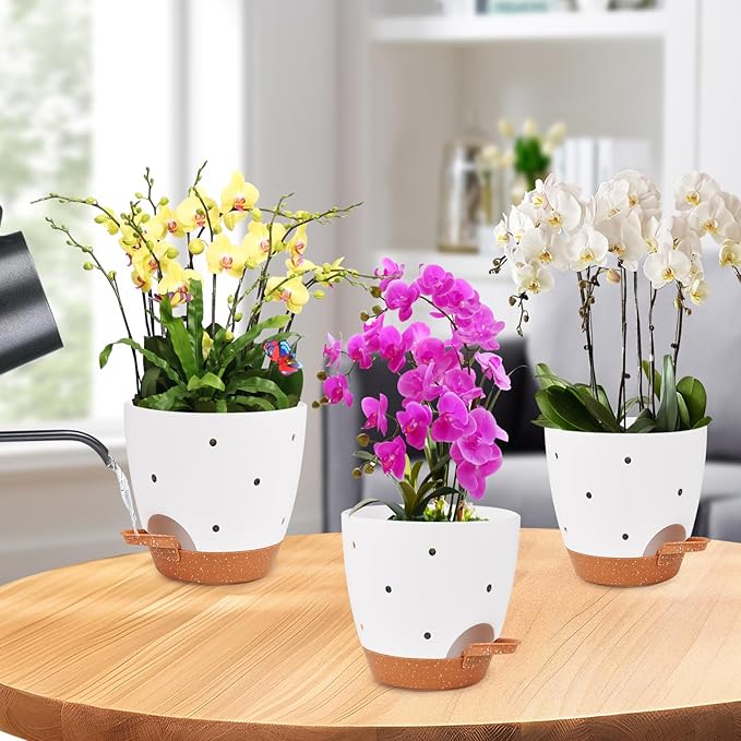 6 Inch Orchid Pots with Holes, 2 Pack Self Watering Planters for Orchids Plastic Orchid Pot Plant Flower Pots for Orchids Indoor Outdoor (White with Brown)