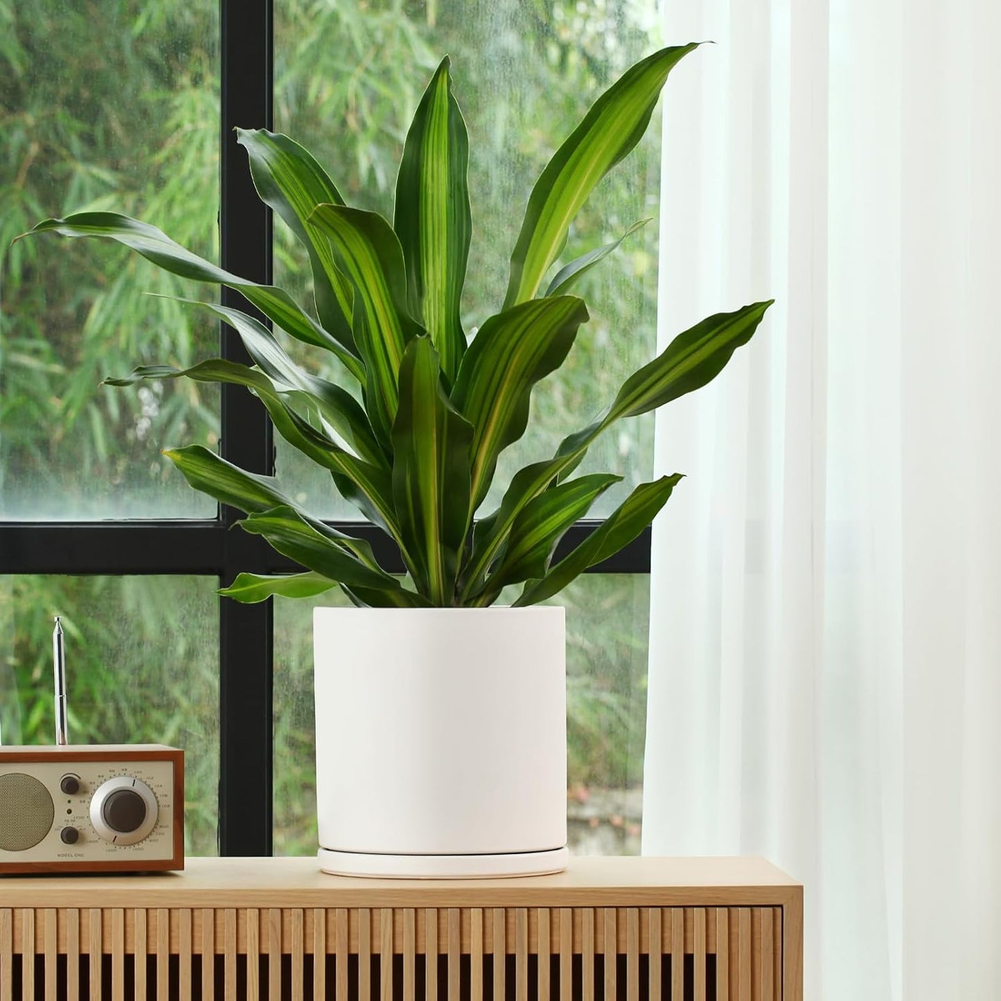 Kazeila Plant Pots Ceramic Planter for Indoor Outdoor Plants Flowers 10 Inch Matte White Large Cylinder Flower Pot with Saucer and Drainage Hole,Glazed Finish Interior and Exterior