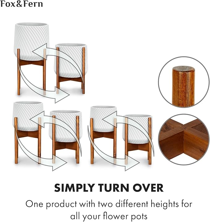 Fox & Fern Set of 3 Mid Century Plant Stand Indoor — Modern Raised Flower Pot Holder for 8, 10 & 11.8 Inch Planters (Not Included); Plug In Design; Two Height Options; Easy to Assemble - Acacia