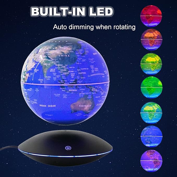 6" Magnetic Levitation Floating Globe Anti Gravity Rotating World Map with LED Light 7 Colors Display Floating Globe for Children Educational Gift Home Office Desk Decor (Style 2)