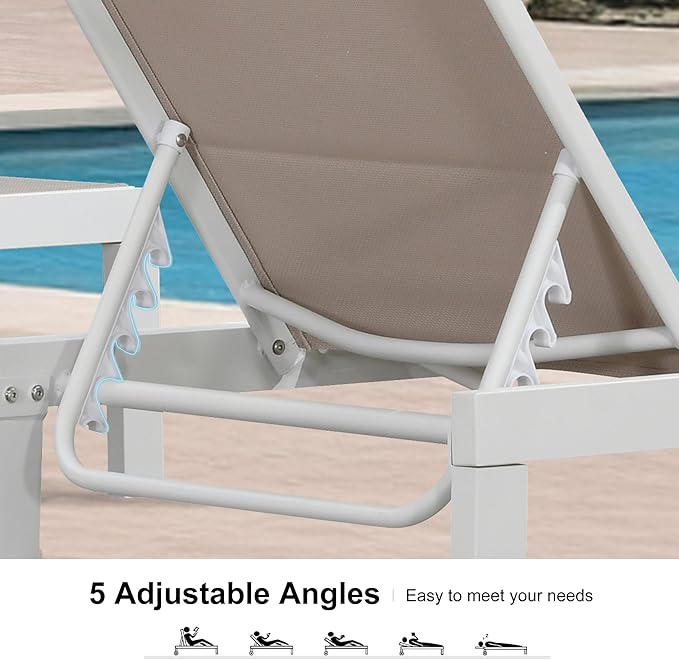 PURPLE LEAF Outdoor Chaise Lounge Staight Legs Adjustable Sunbathing Recliner with Side Table Khaki 2 Sets