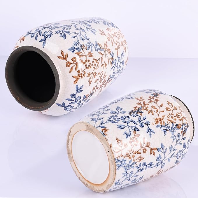 Vintage Vase for Flowers,Blue Chinoiserie Ceramic Vase,Rustic Farmhouse Cracked Vases,for Flower Arrangement,Living Room, Office, Shelf, Fireplace Tables,Centerpieces,Chinoiserie Pottery Decor(C)