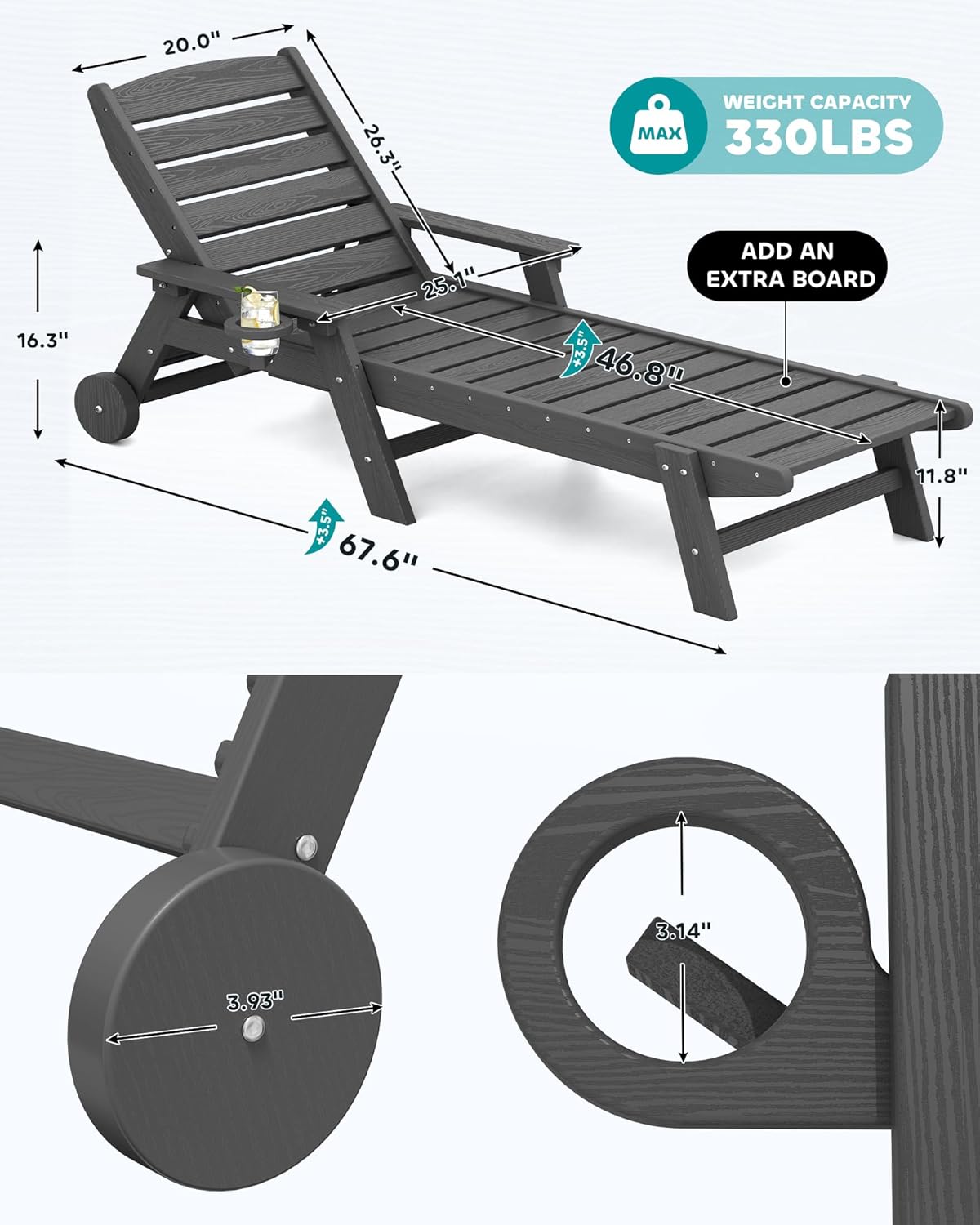 SERWALL Patio Chaise Lounge Chair Set of 6, 5 Positions Adjustable Poly Outdoor Lounge Chair for Pool, HDPE Lounge Chair with Rolling Wheels & Cup Holder for Poolside, Deck, Slate Gray