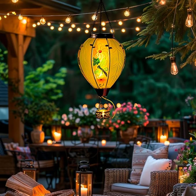 Starsoul Large Solar Hot Air Balloon Lantern with Flame Dragonfly Glass Hanging Outdoor Hot Air Balloon Solar Light Waterproof Garden Patio Yard Party Decorations