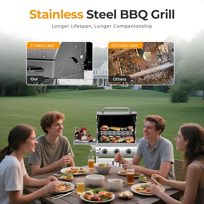 R.W.FLAME Stainless Steel Propane Gas Grill, 3 Burner 24000BTU BBQ Grills, Foldable Side Table, Enamel Wire Grate, Removable Grease Tray, Barbecue Grill for Outdoor Cooking, Backyard, Patio, Deck