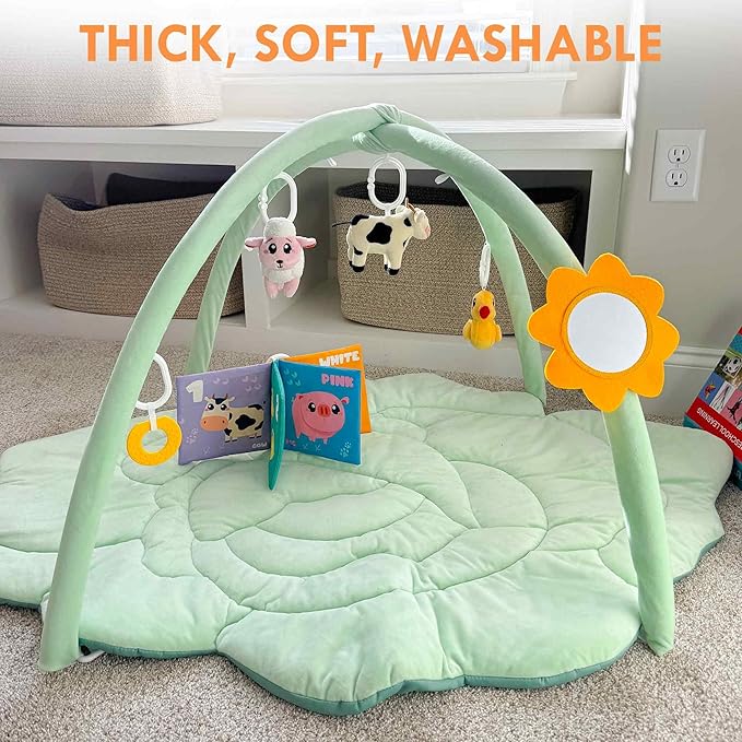 QUOKKA Baby Play Gym XL – Cabbage-Shaped Baby Play Mat with 6 Large Sensory Toys – Tummy Time Mat for Infant Development – Machine Washable Newborn Essentials Must Haves – Gender Neutral Gift Items