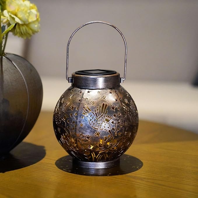 2 Pack Outdoor Solar Hanging Lantern Lights Metal LED Decorative Lamp for Garden Patio Courtyard Lawn and Table with Hollowed-Out Design (Bronze Hummingbird)