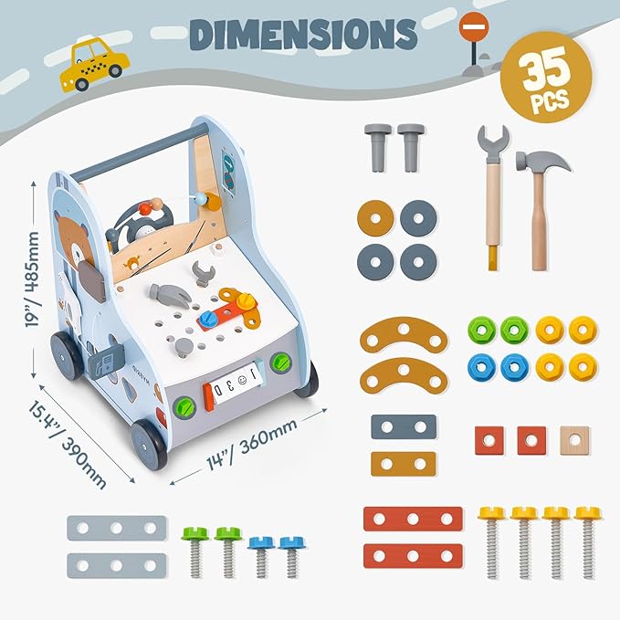 Giant bean Wooden Baby Push Walker with Activity Center – Car Traffic Theme Tool Bench Shape Sorter, Steering Wheel Gears Beads, Montessori Toy for Toddlers 1-3, Walking Push Toy Speed Adjustable