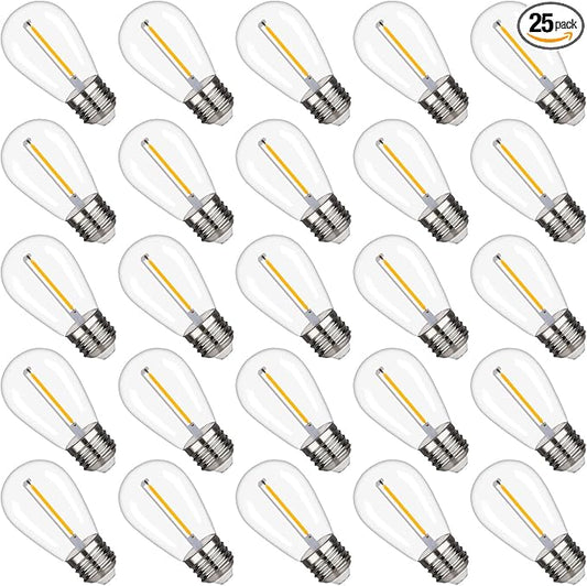 S14 Replacement LED Light Bulbs, Shatterproof & Waterproof 1W S14 LED Bulbs, Outdoor String Lights , E26 Base Patio Edison LED Light Bulbs, Warm White 2200K Plastic 70ML Non-Dimmable 25 Pack