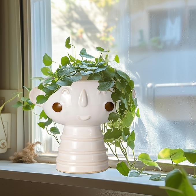Head Planter for Indoor Plants - 7 Inch Ceramic Face Planter, Cute Succulent Pot with Drainage Hole, Indoor Outdoor Flower Plant Pot, Home Garden Decor, Gift for Plant Lovers, White