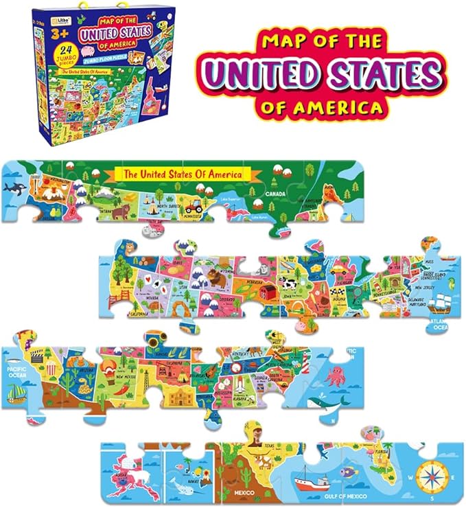 Discover The USA: Extra-Large 24-Piece Floor Puzzle for Kids - Educational Map of America, Colorful States and Landmarks, Ideal for Learning Geography - Fun, Interactive, and Durable Jumbo Puzzle