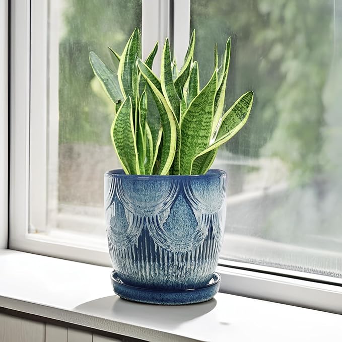 Plant Pots Indoor, Ceramic Planter, 6in Plant Pot, Plant Pots with Drainage Holes and Saucers, Flower Pots for Indoor Plants, Reactive Glaze Blue