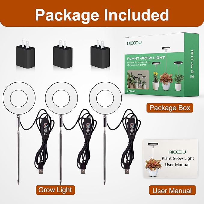 Grow Lights for Indoor Plants Small Potted - Full Spectrum, Auto 3/9/12H Timer, 10-Level Dimming & Adjustable Height - Compact Grow Light for Succulents, Herbs, Foliage in Home/Office (Black,3PACKS)