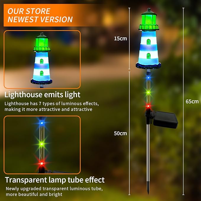 Solar Lights Outdoor Waterproof,2 PCS Lighthouse Solar Outdoor Lights,IP65 Waterproof Pathway Transparent Tube Lighthouse with 7 Color Gradients, for Your Home Patio Walkway Lawn Decor