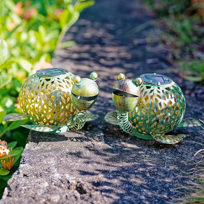 2 Pack Turtle Solar Lanterns Outdoor Waterproof, Metal Table Tortoise Solar Lantern with LED Light for Patio Pathway Garden Decor