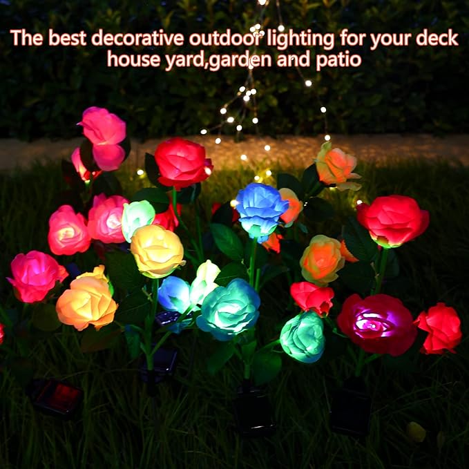 ANGMLN Solar Garden Lights, 6 Pack Solar Flower Lights Outdoor Waterproof with 30 Head Realistic Rose 7-Color Changing Landscape Light for Garden Yard Pathway Patio Grave Cemetery Decoration