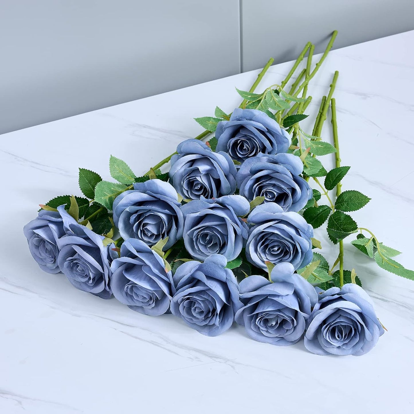 12pcs Rose Artificial Flowers Fake Roses Dusty Blue Silk Roses Blue Silk Flowers Rose with Long Stems for Wedding Home Party Centerpieces Decorations