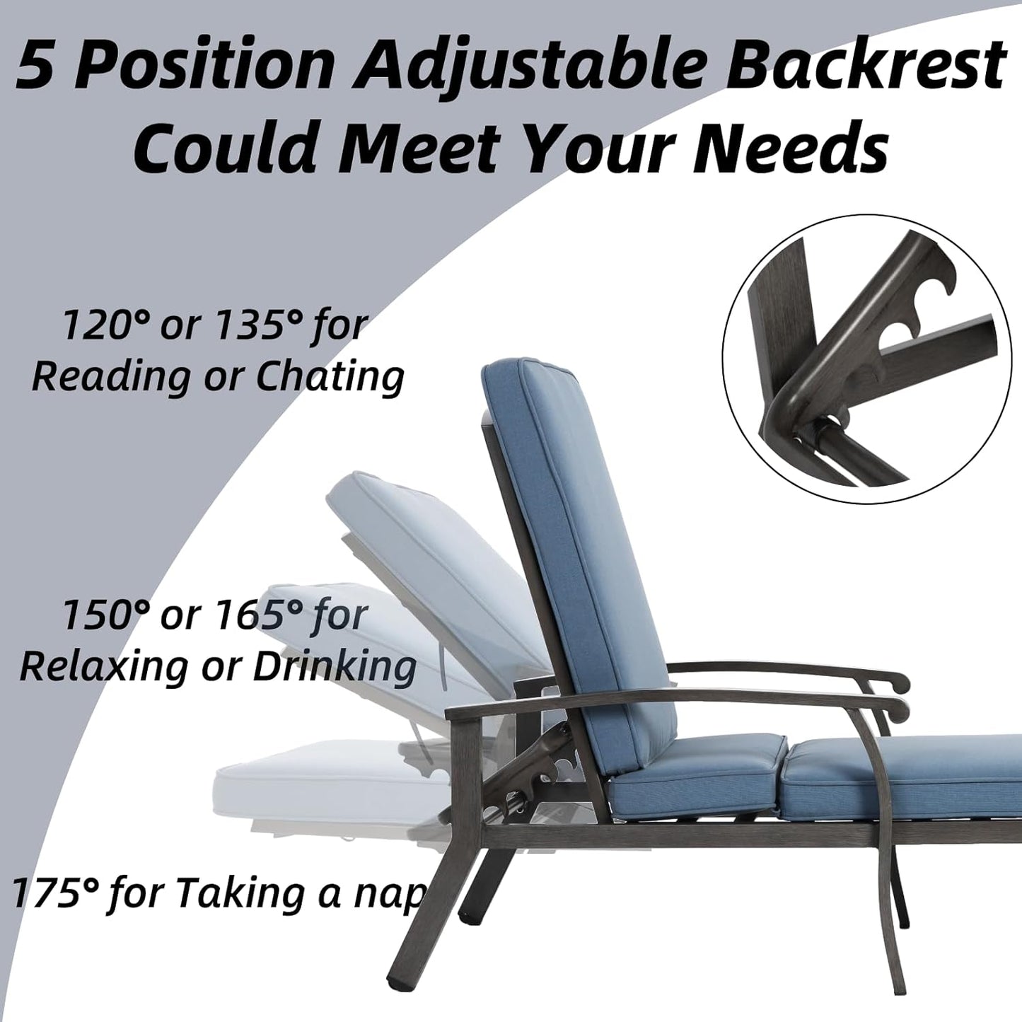 Outdoor Chaise Lounge with 5-Level Adjustable Backrest Set of 2, Durable Aluminum Patio Chair with Waterproof Cushion & Wheels for Garden, Poolside, Blue