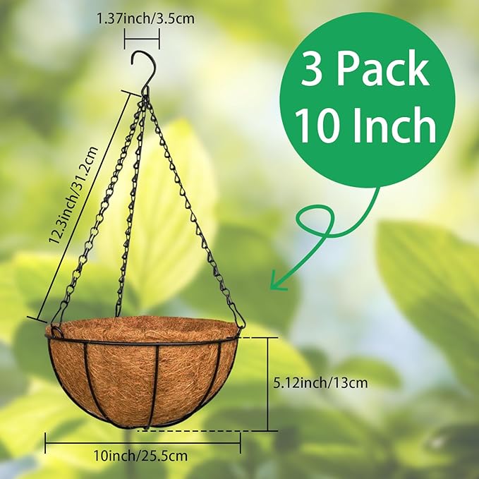 ZeeDix 3 Pack 10 Inch Metal Round Hanging Planter Basket with Coconut Liners Replacement, Hanging planters Baskets with Natural Coco Liner for Outdoor Indoor Planters Flowers Vegetables
