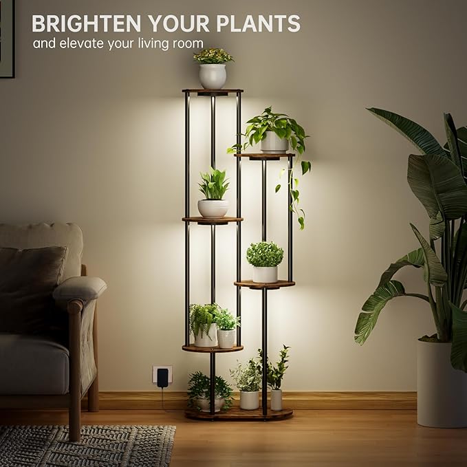 Plant Stand Indoor with Grow Light, 50" High Indoor Plant Shelf, 6 Tier Flower Stand with Plant Light Full Spectrum, Metal Plant Holder with Light, Double-Row Discs Plant Rack for Home, Corner