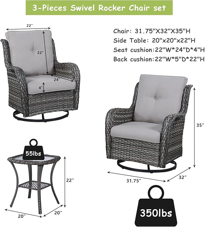 Outdoor Patio Swivel Rocker Chairs - 3 Piece Patio Bistro Set,Wicker Patio Furniture Set with 2 Swivel Rocking Chairs and 1 Glass Top Side Table for Deck Porch Garden,Mixed Grey/Grey